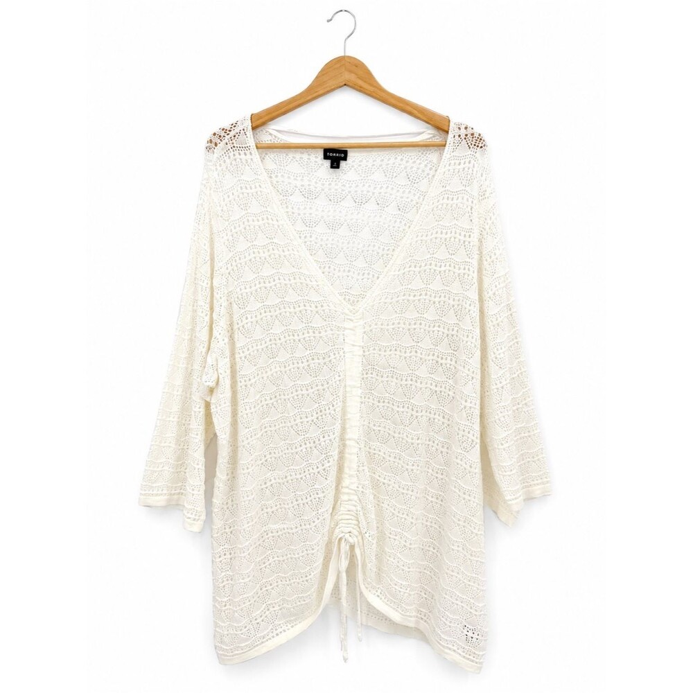 Torrid White Open Knit Sweater V Neckline Cinch Sheer Size 5 (5X) Coastal Cotton